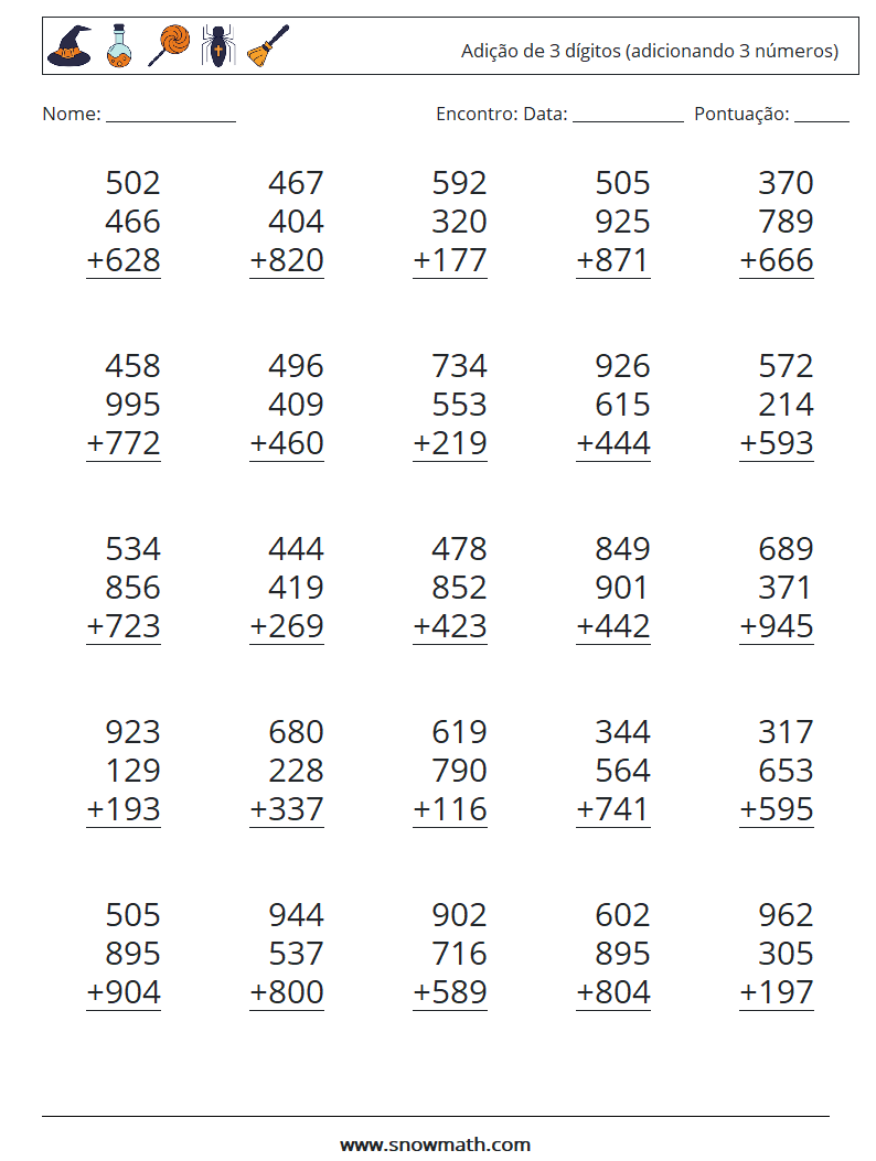 (25) Adição de 3 dígitos (adicionando 3 números) planilhas matemáticas 5