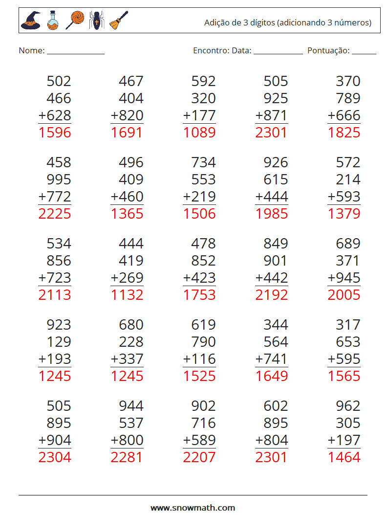 (25) Adição de 3 dígitos (adicionando 3 números) planilhas matemáticas 5 Pergunta, Resposta