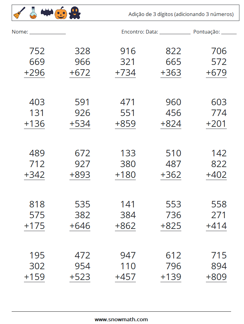 (25) Adição de 3 dígitos (adicionando 3 números) planilhas matemáticas 6