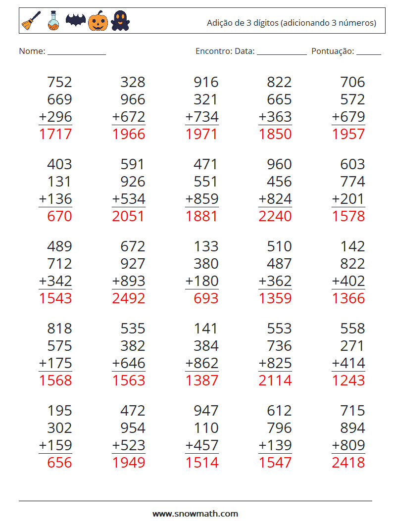 (25) Adição de 3 dígitos (adicionando 3 números) planilhas matemáticas 6 Pergunta, Resposta