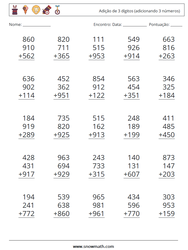 (25) Adição de 3 dígitos (adicionando 3 números) planilhas matemáticas 7