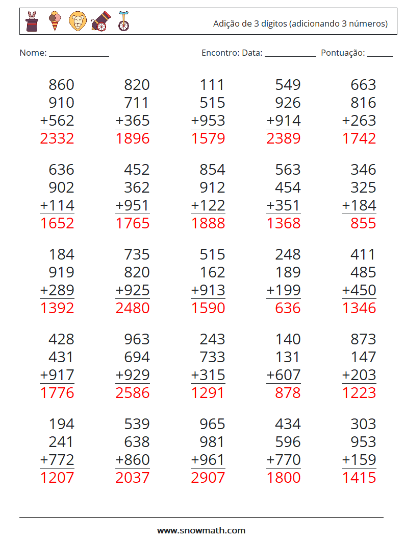 (25) Adição de 3 dígitos (adicionando 3 números) planilhas matemáticas 7 Pergunta, Resposta