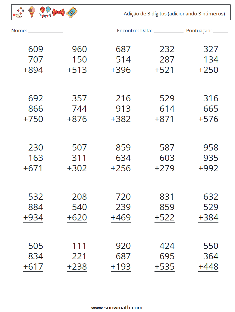 (25) Adição de 3 dígitos (adicionando 3 números) planilhas matemáticas 8