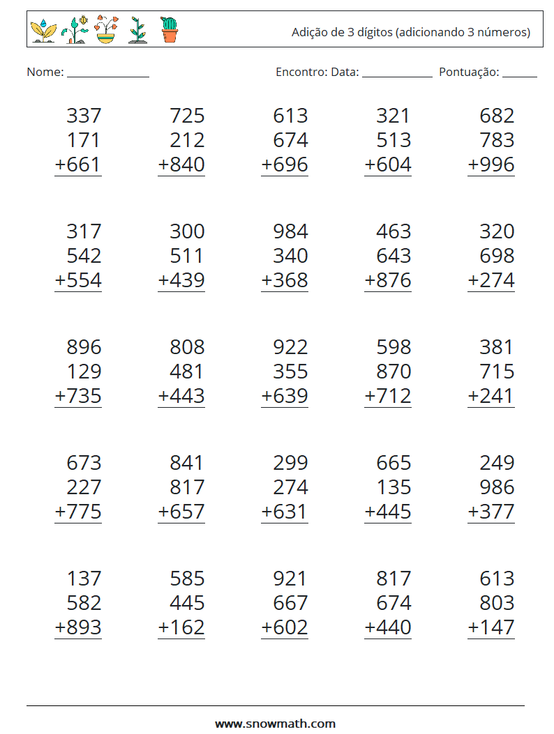 (25) Adição de 3 dígitos (adicionando 3 números) planilhas matemáticas 9