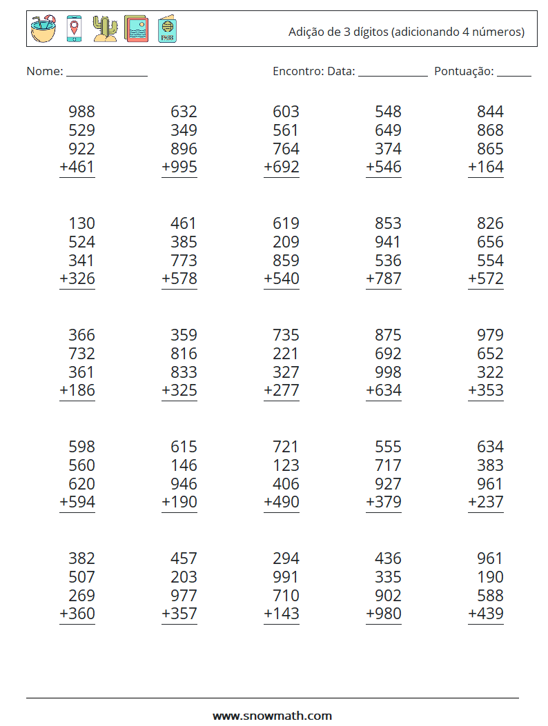 (25) Adição de 3 dígitos (adicionando 4 números) planilhas matemáticas 1