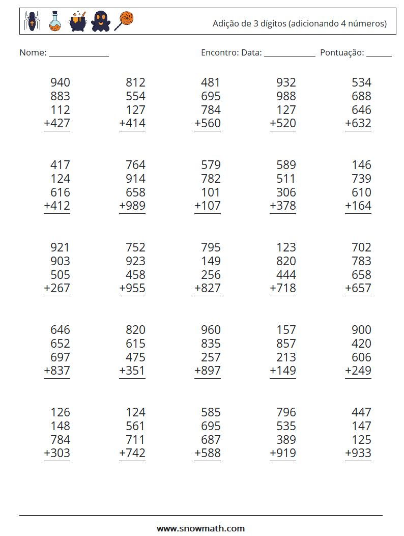 (25) Adição de 3 dígitos (adicionando 4 números) planilhas matemáticas 10