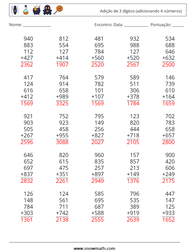 (25) Adição de 3 dígitos (adicionando 4 números) planilhas matemáticas 10 Pergunta, Resposta