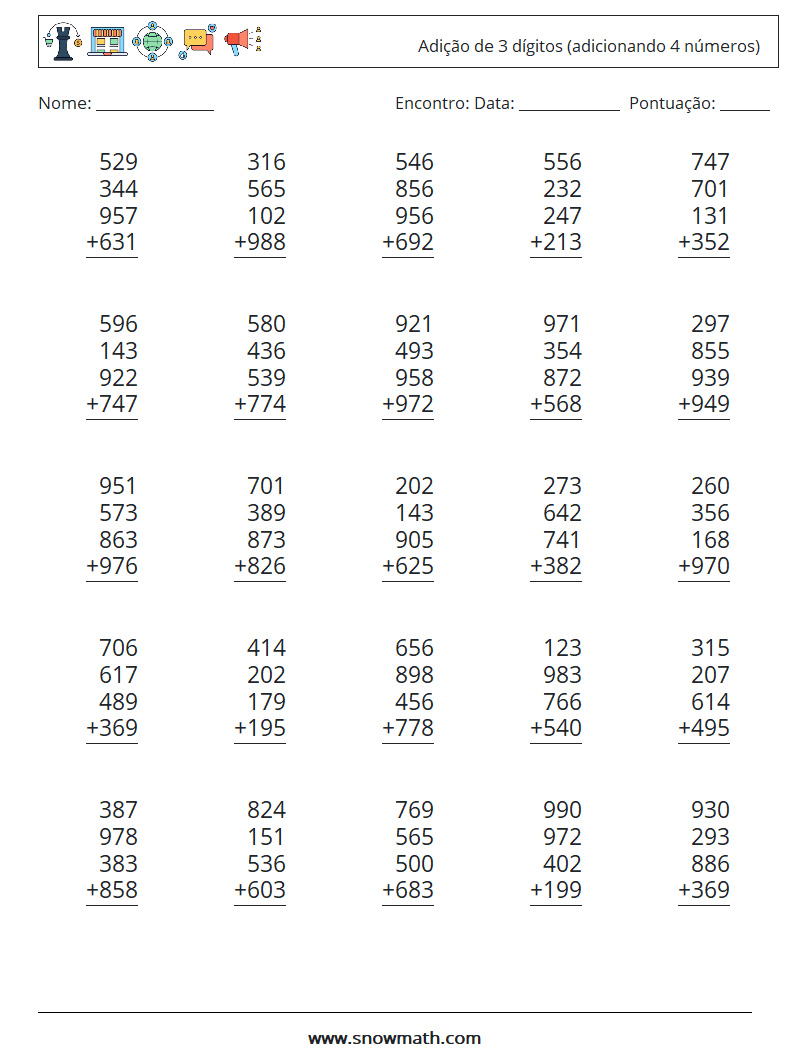 (25) Adição de 3 dígitos (adicionando 4 números) planilhas matemáticas 11