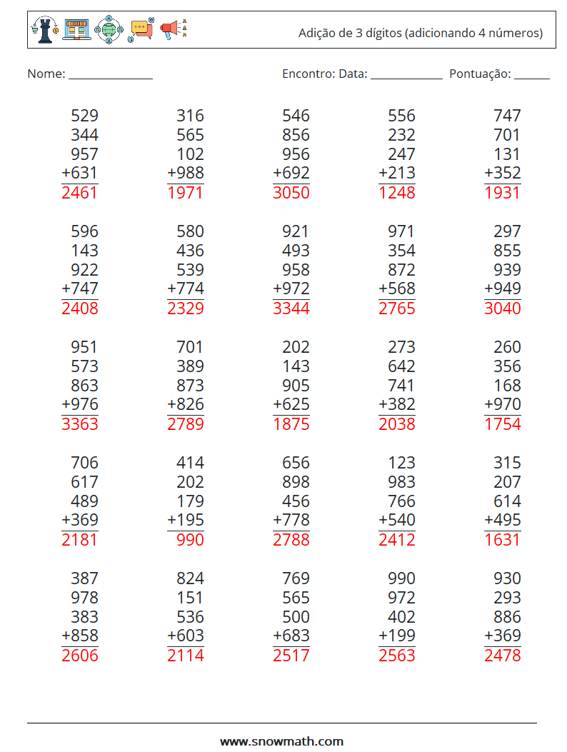 (25) Adição de 3 dígitos (adicionando 4 números) planilhas matemáticas 11 Pergunta, Resposta