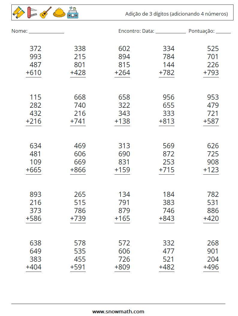 (25) Adição de 3 dígitos (adicionando 4 números) planilhas matemáticas 12