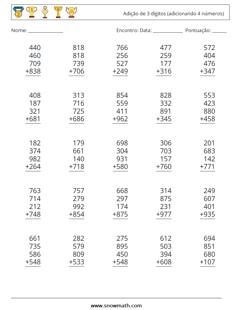 (25) Adição de 3 dígitos (adicionando 4 números) planilhas matemáticas 13