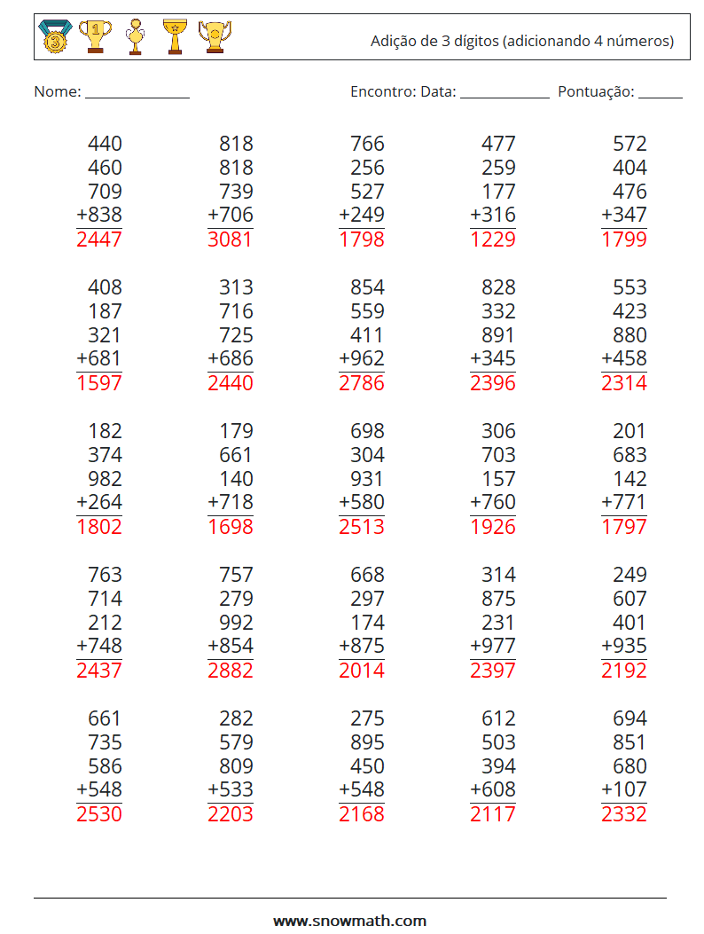 (25) Adição de 3 dígitos (adicionando 4 números) planilhas matemáticas 13 Pergunta, Resposta