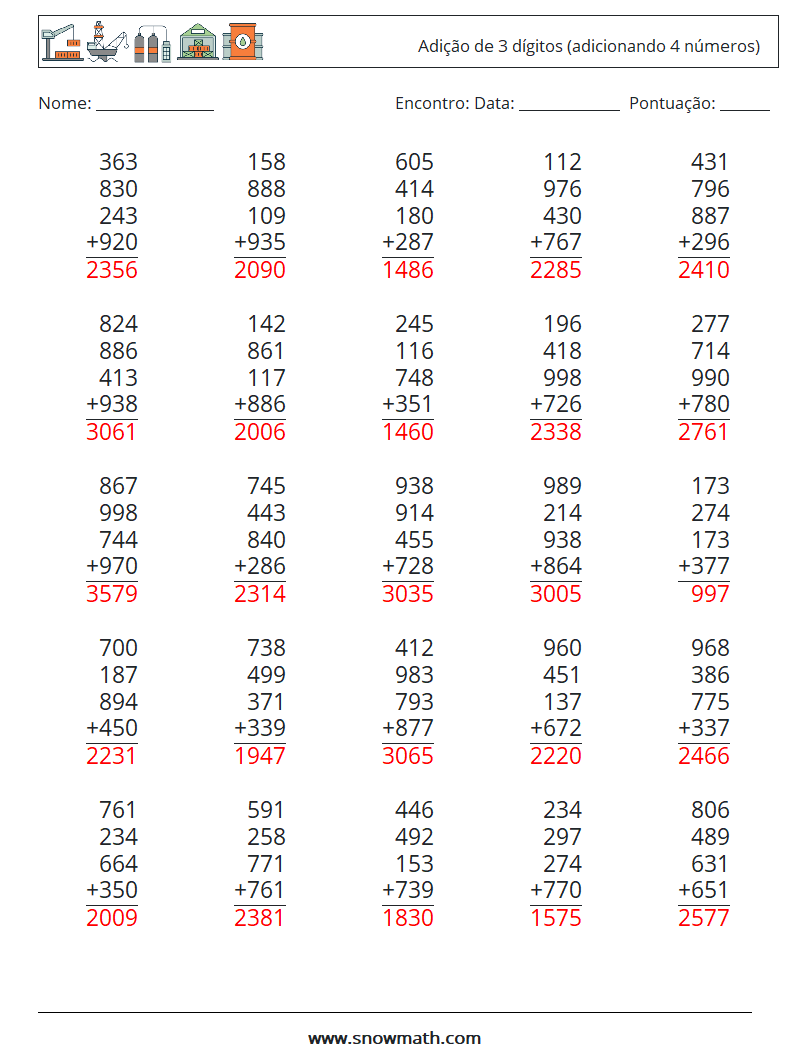 (25) Adição de 3 dígitos (adicionando 4 números) planilhas matemáticas 14 Pergunta, Resposta