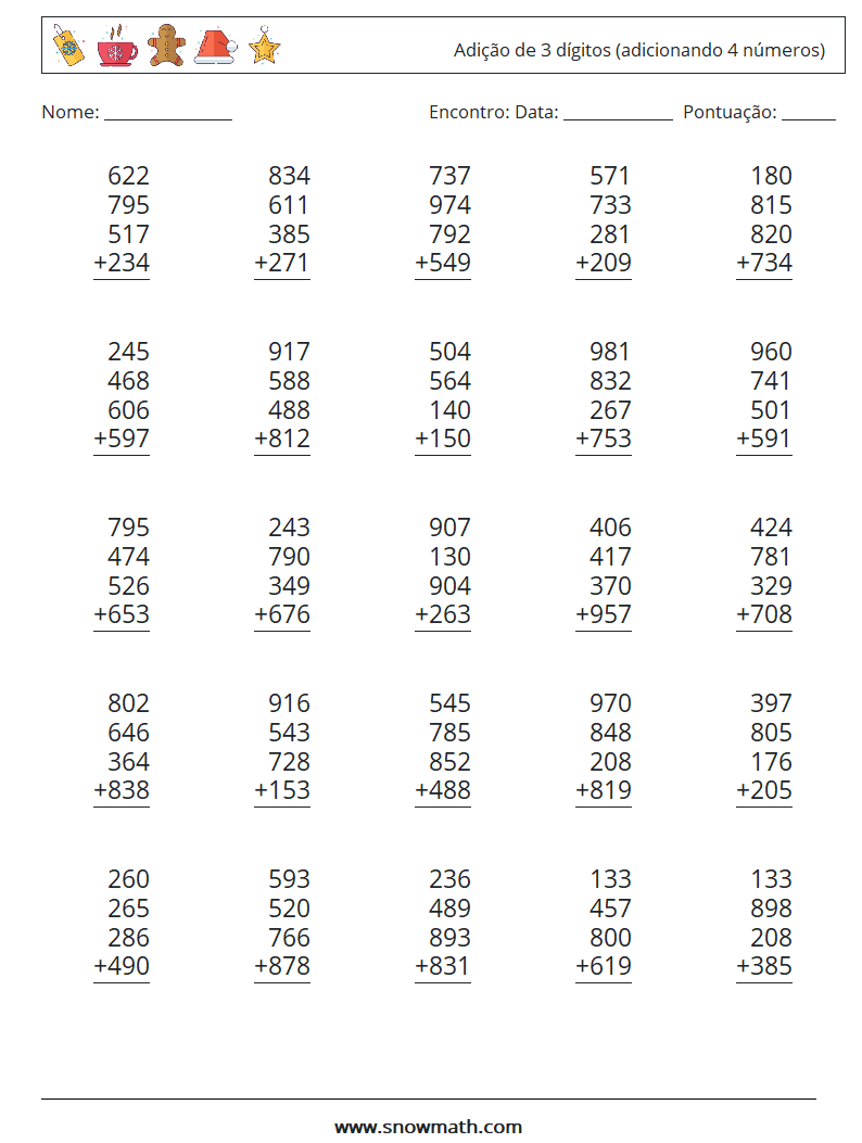 (25) Adição de 3 dígitos (adicionando 4 números) planilhas matemáticas 16