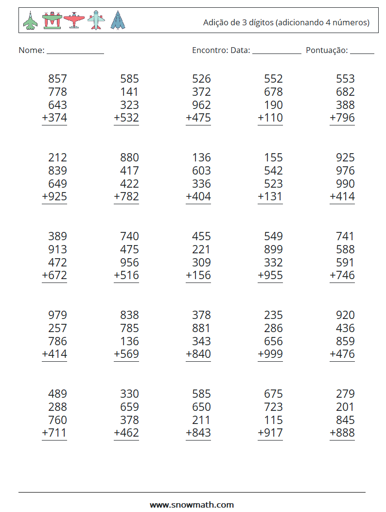 (25) Adição de 3 dígitos (adicionando 4 números) planilhas matemáticas 17