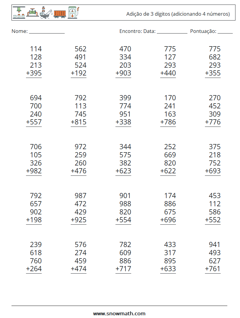 (25) Adição de 3 dígitos (adicionando 4 números) planilhas matemáticas 18