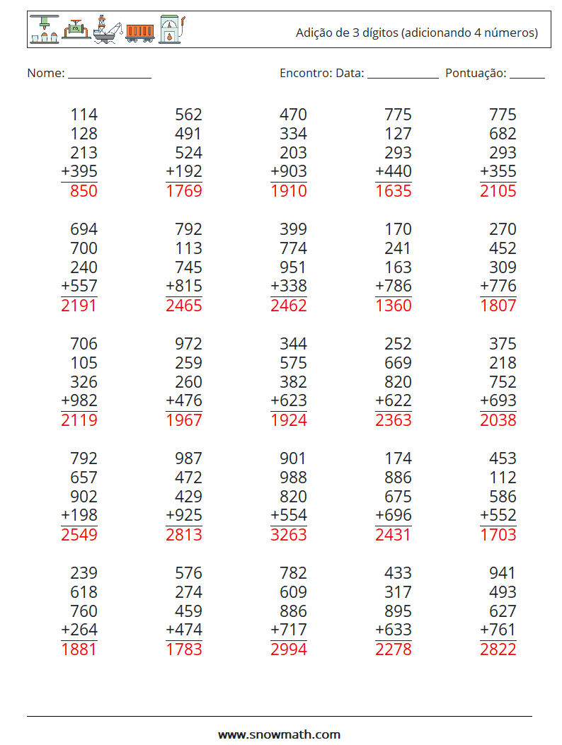 (25) Adição de 3 dígitos (adicionando 4 números) planilhas matemáticas 18 Pergunta, Resposta