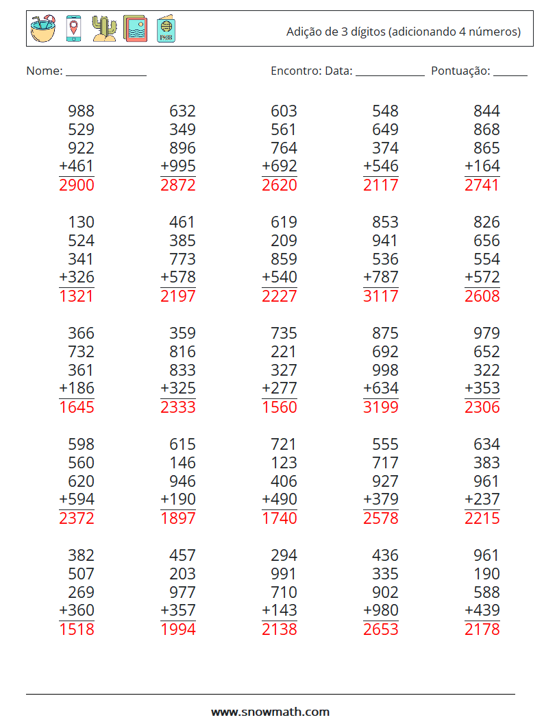 (25) Adição de 3 dígitos (adicionando 4 números) planilhas matemáticas 1 Pergunta, Resposta