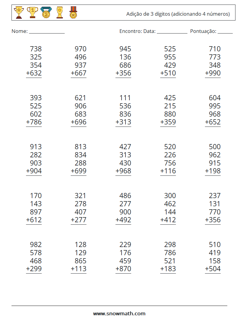 (25) Adição de 3 dígitos (adicionando 4 números) planilhas matemáticas 2