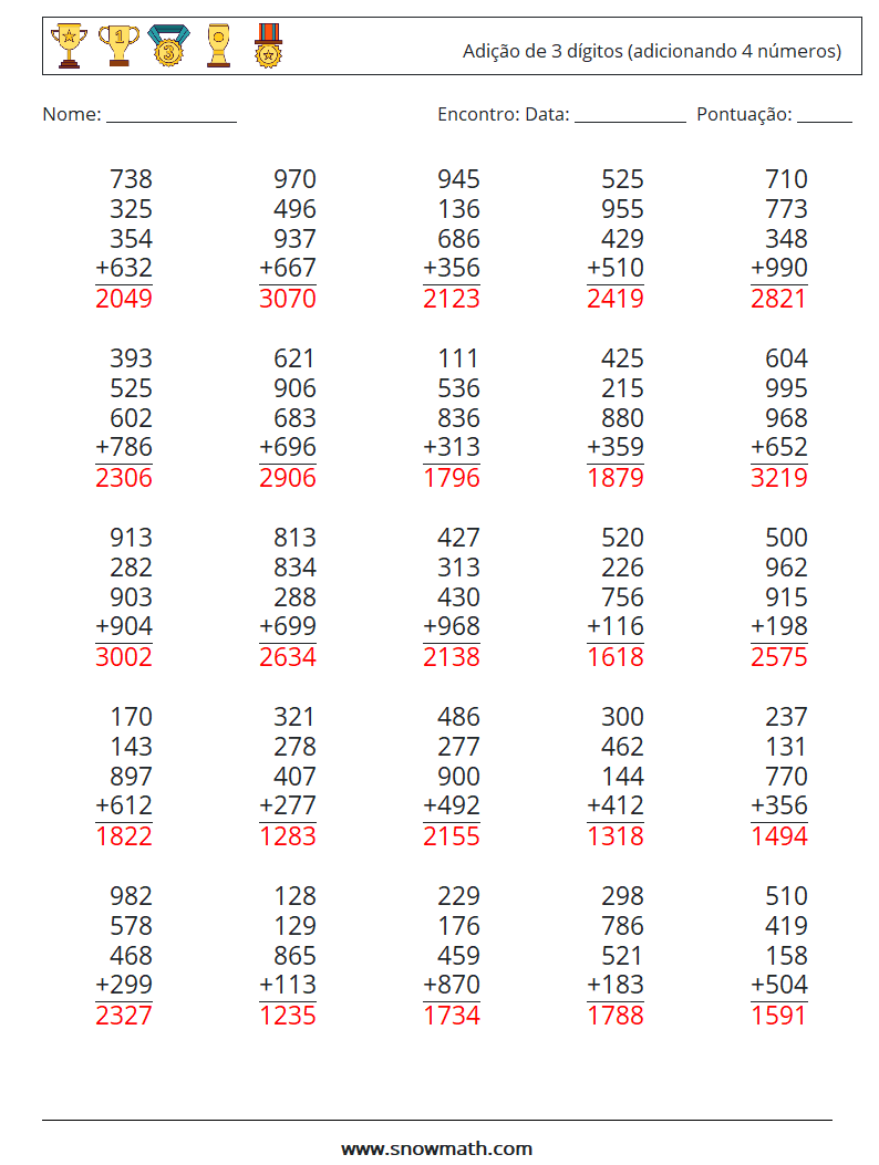 (25) Adição de 3 dígitos (adicionando 4 números) planilhas matemáticas 2 Pergunta, Resposta