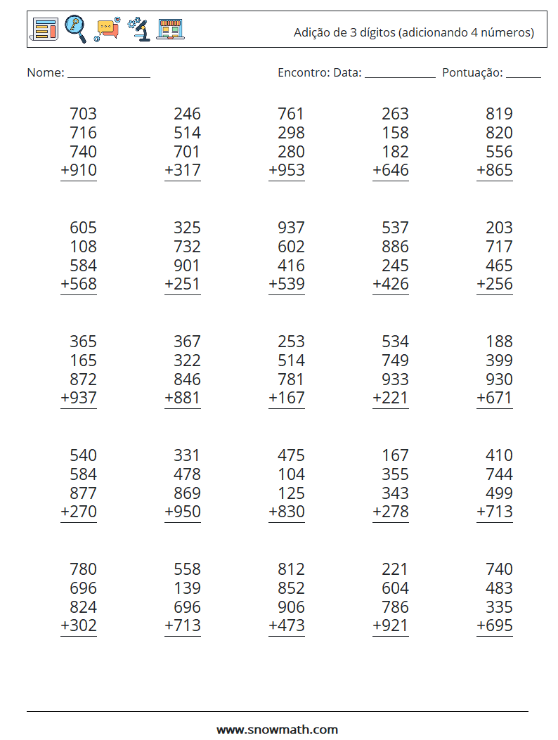 (25) Adição de 3 dígitos (adicionando 4 números) planilhas matemáticas 3