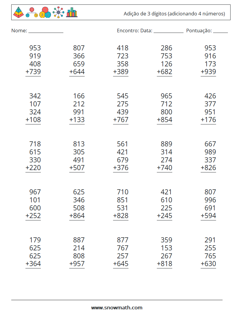 (25) Adição de 3 dígitos (adicionando 4 números) planilhas matemáticas 4