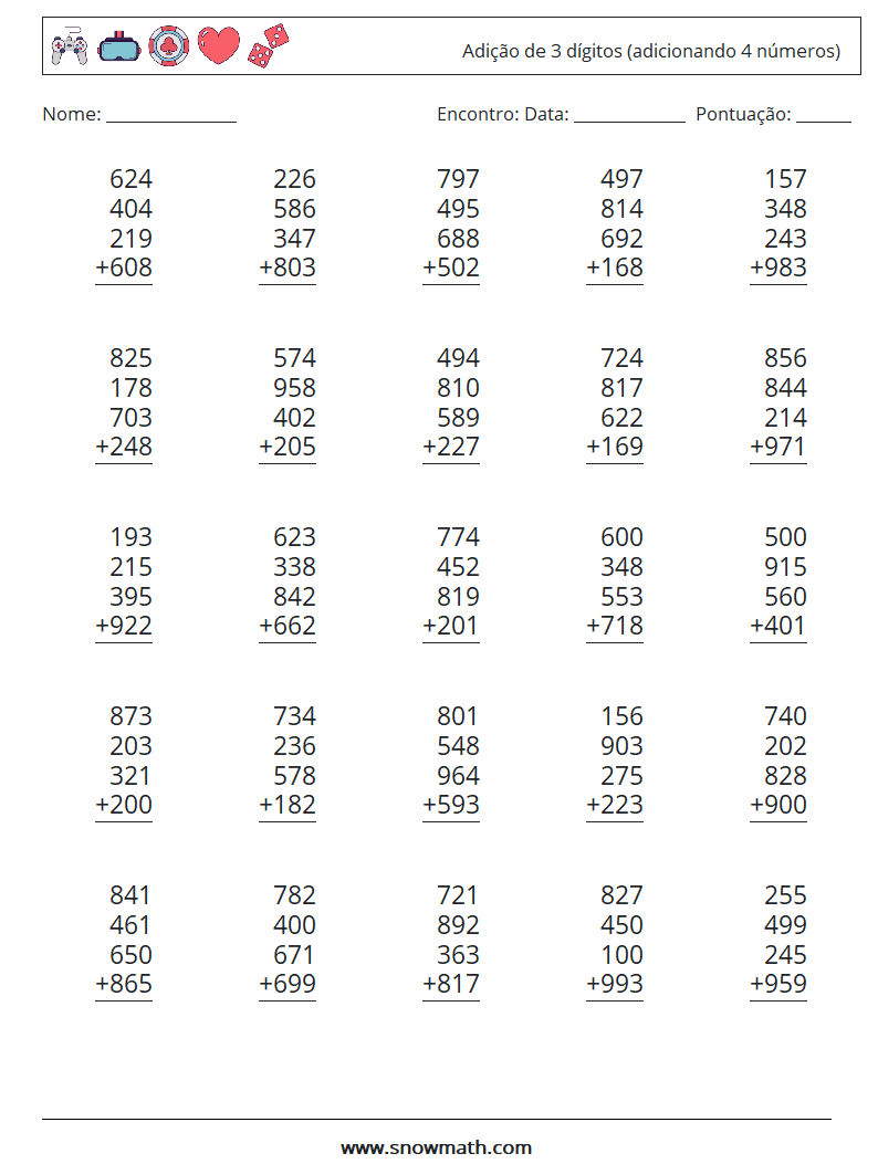 (25) Adição de 3 dígitos (adicionando 4 números) planilhas matemáticas 5