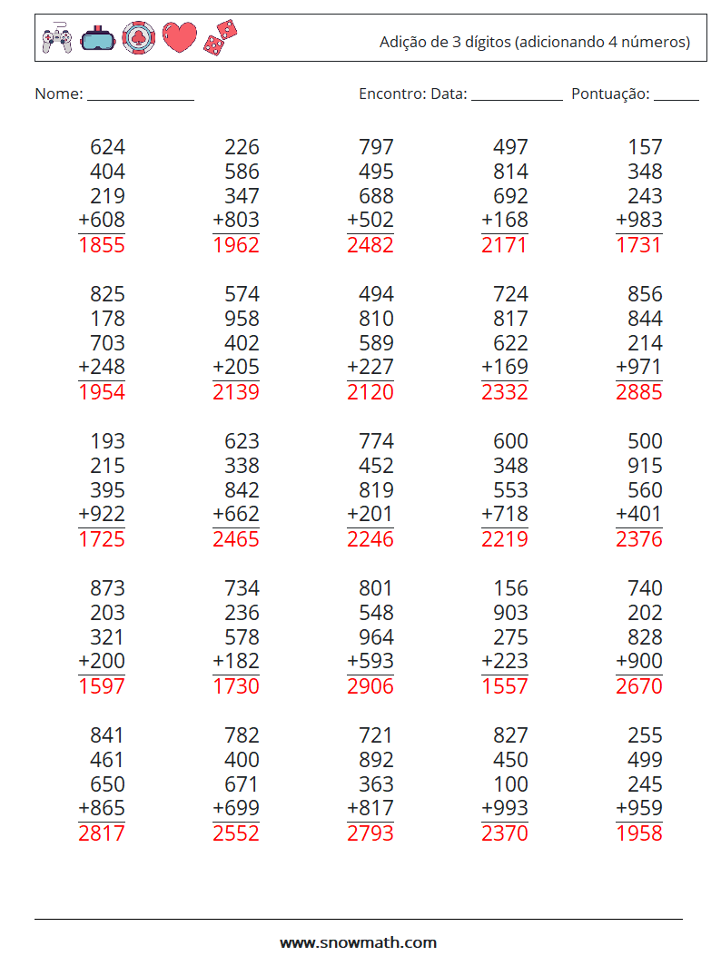 (25) Adição de 3 dígitos (adicionando 4 números) planilhas matemáticas 5 Pergunta, Resposta
