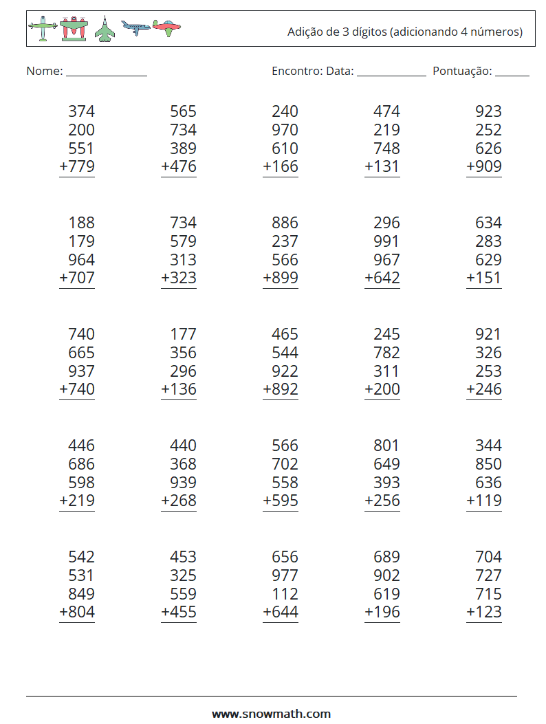 (25) Adição de 3 dígitos (adicionando 4 números) planilhas matemáticas 6