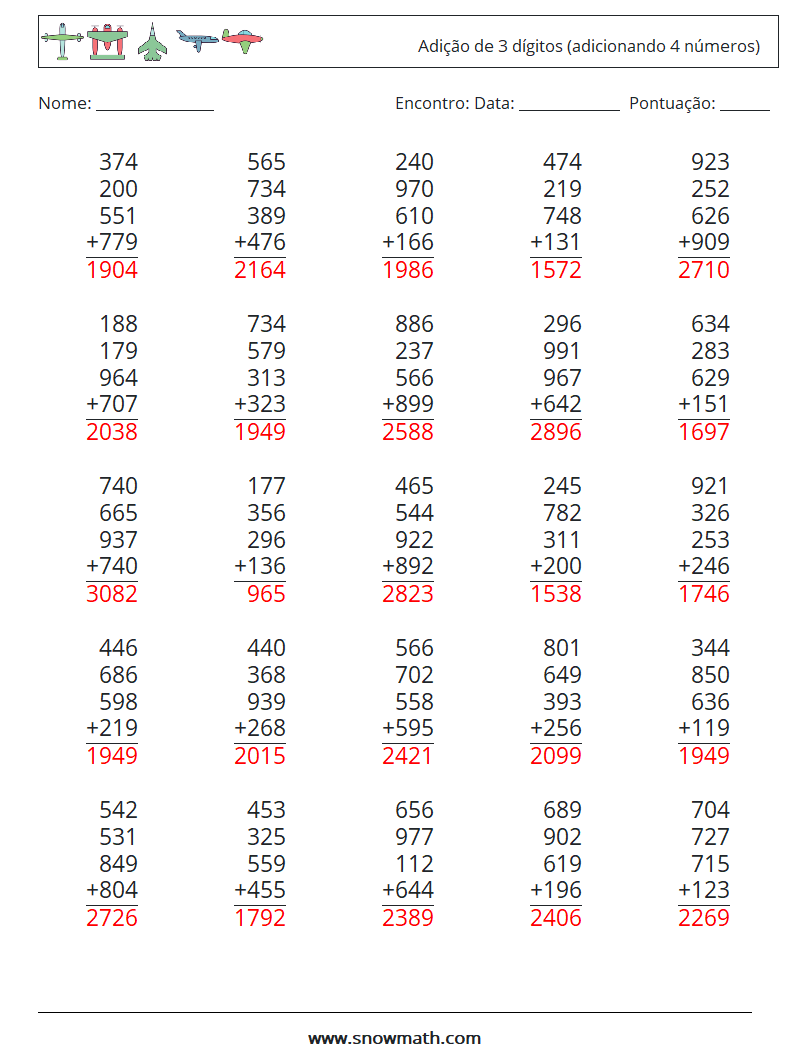 (25) Adição de 3 dígitos (adicionando 4 números) planilhas matemáticas 6 Pergunta, Resposta