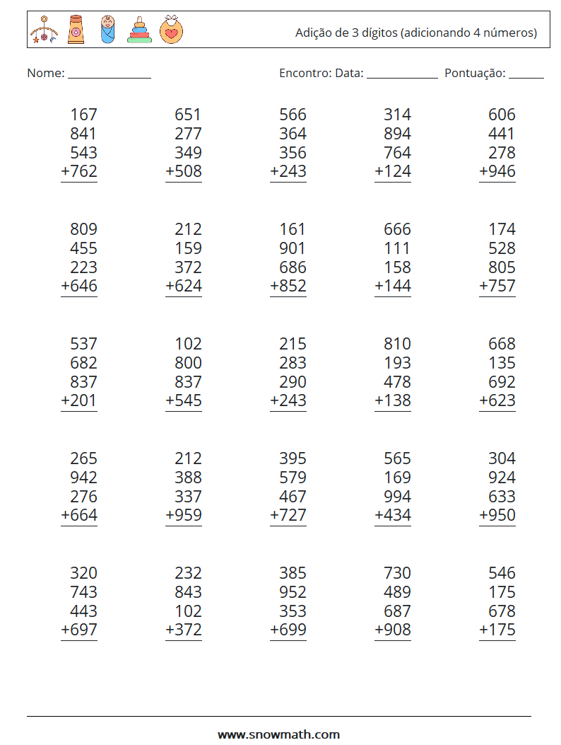 (25) Adição de 3 dígitos (adicionando 4 números) planilhas matemáticas 7