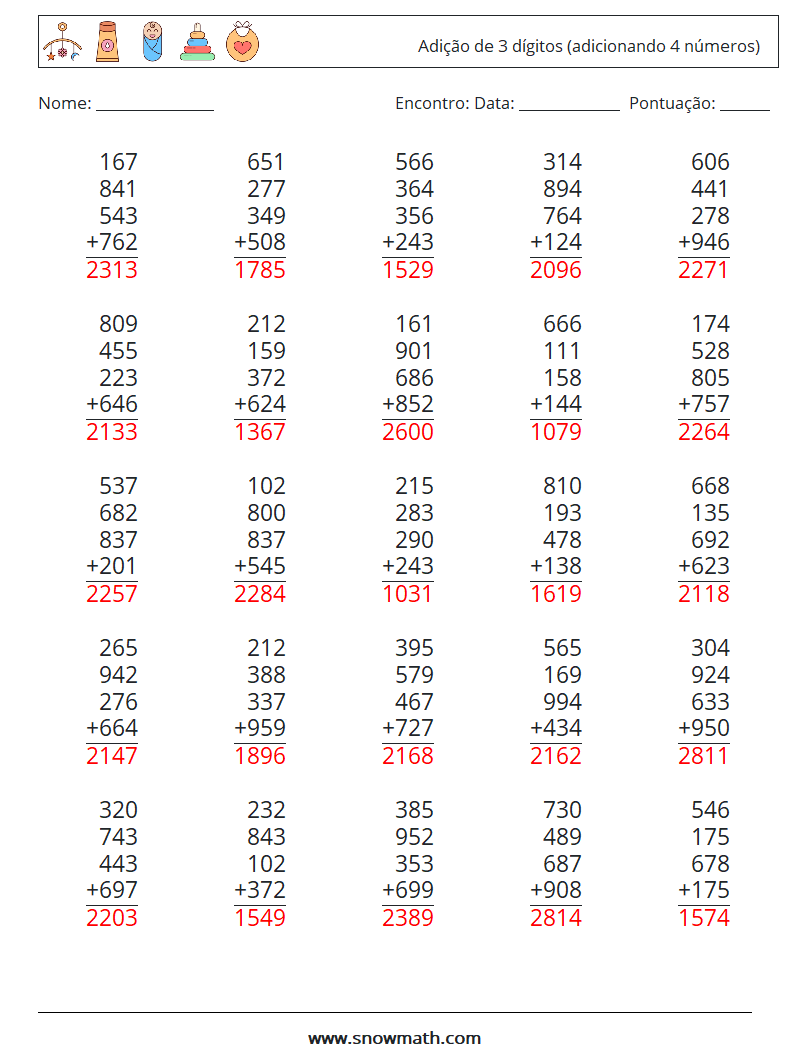 (25) Adição de 3 dígitos (adicionando 4 números) planilhas matemáticas 7 Pergunta, Resposta