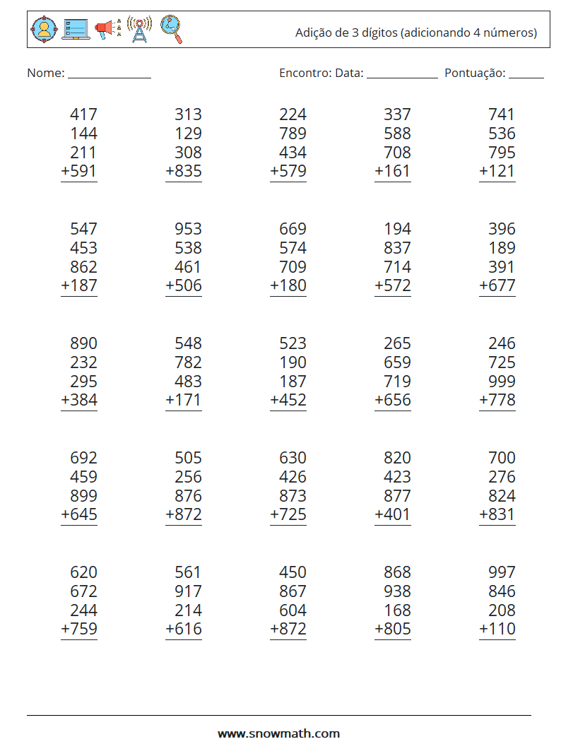 (25) Adição de 3 dígitos (adicionando 4 números) planilhas matemáticas 8