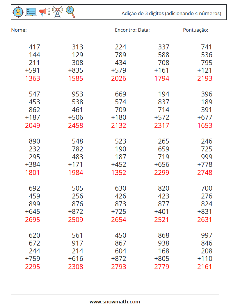 (25) Adição de 3 dígitos (adicionando 4 números) planilhas matemáticas 8 Pergunta, Resposta