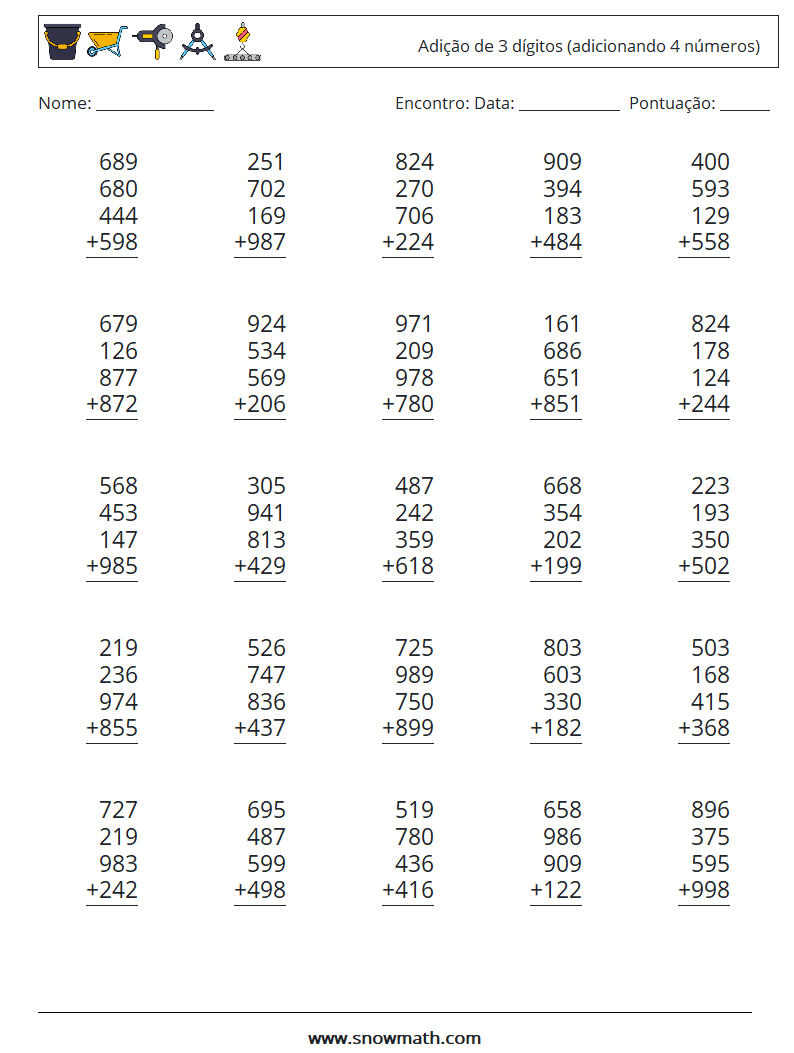 (25) Adição de 3 dígitos (adicionando 4 números) planilhas matemáticas 9