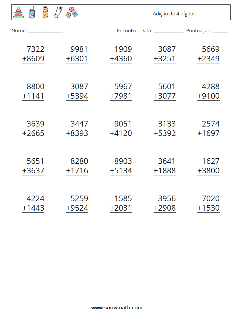 (25) Adição de 4 dígitos planilhas matemáticas 1