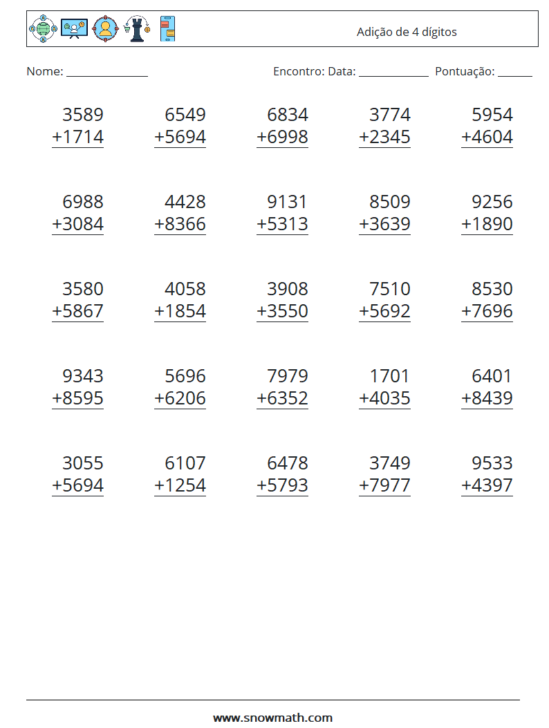 (25) Adição de 4 dígitos planilhas matemáticas 10