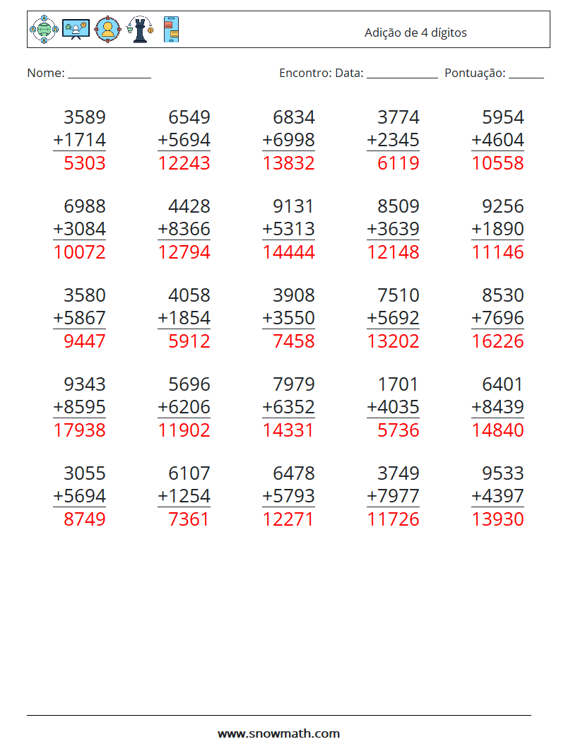 (25) Adição de 4 dígitos planilhas matemáticas 10 Pergunta, Resposta