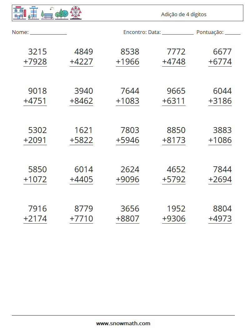 (25) Adição de 4 dígitos planilhas matemáticas 11