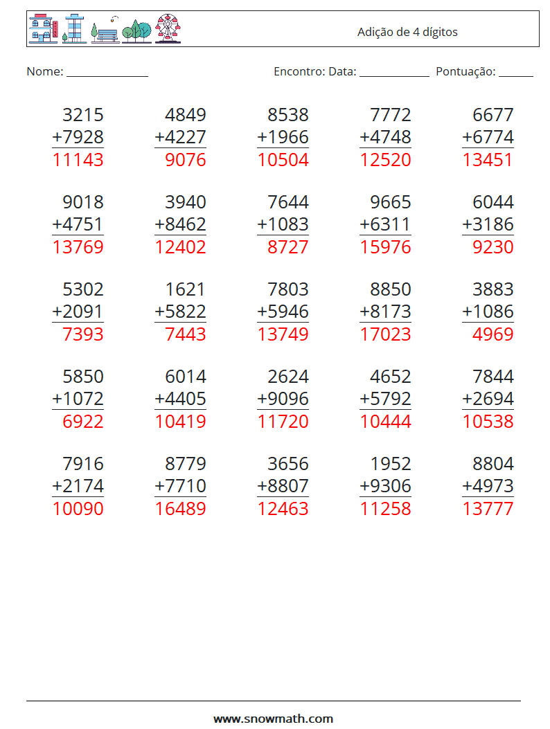 (25) Adição de 4 dígitos planilhas matemáticas 11 Pergunta, Resposta