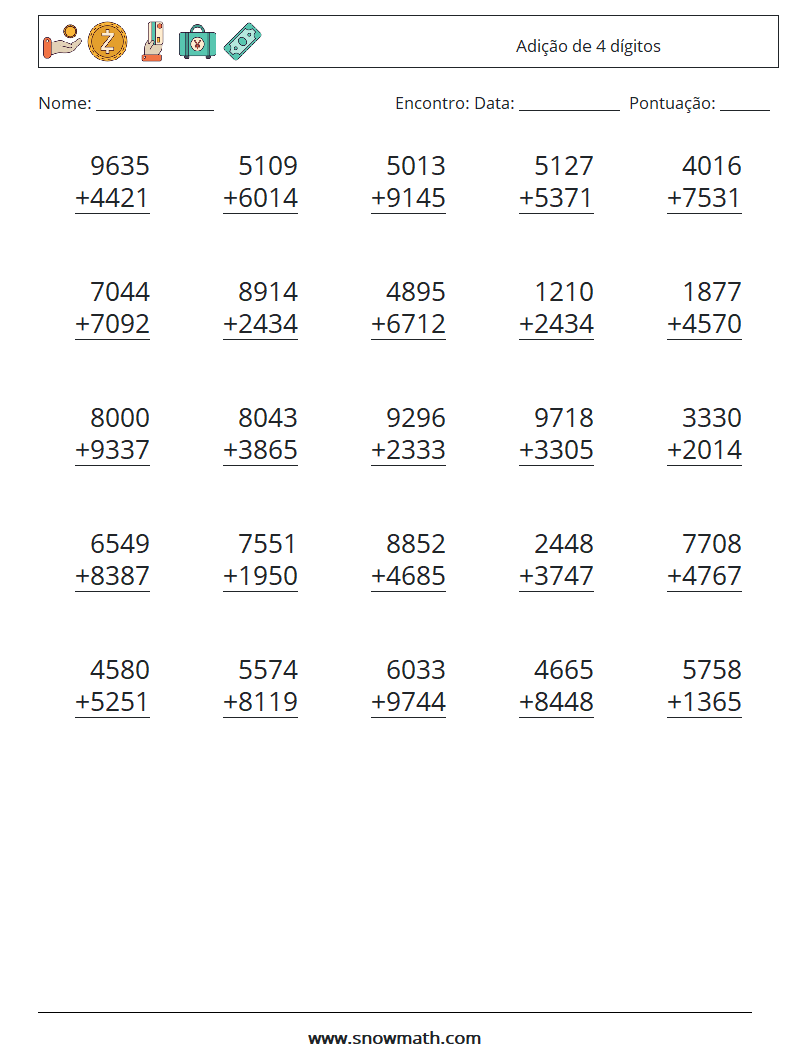 (25) Adição de 4 dígitos planilhas matemáticas 12