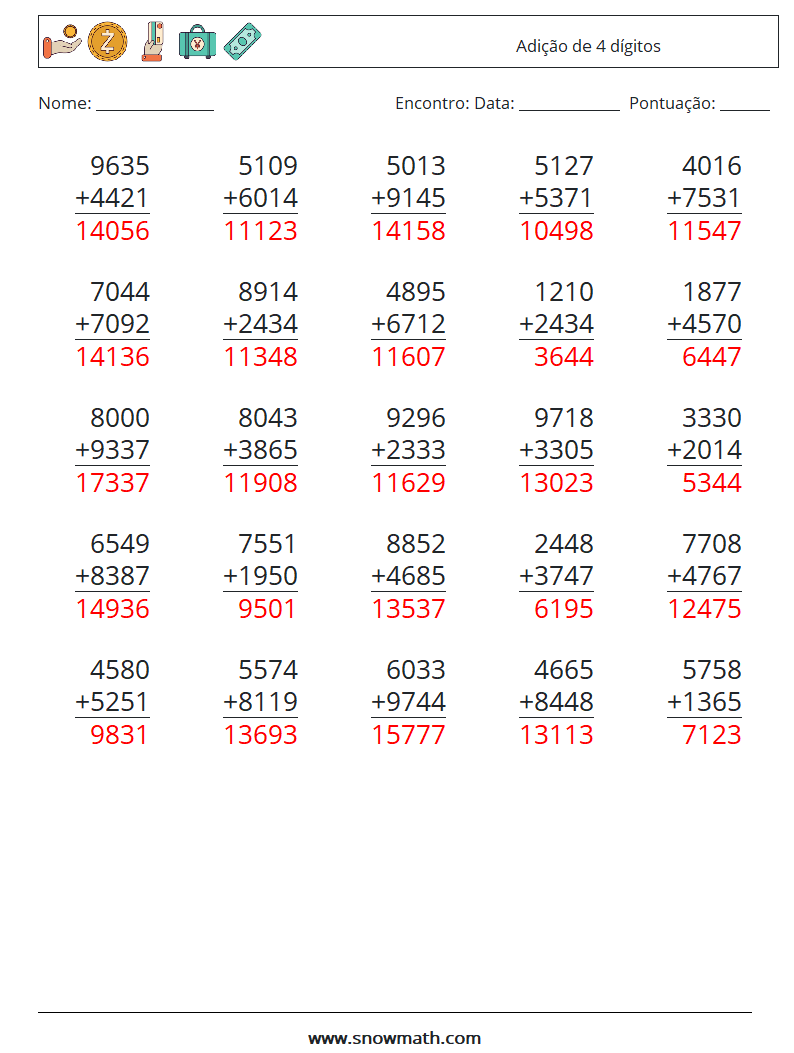 (25) Adição de 4 dígitos planilhas matemáticas 12 Pergunta, Resposta