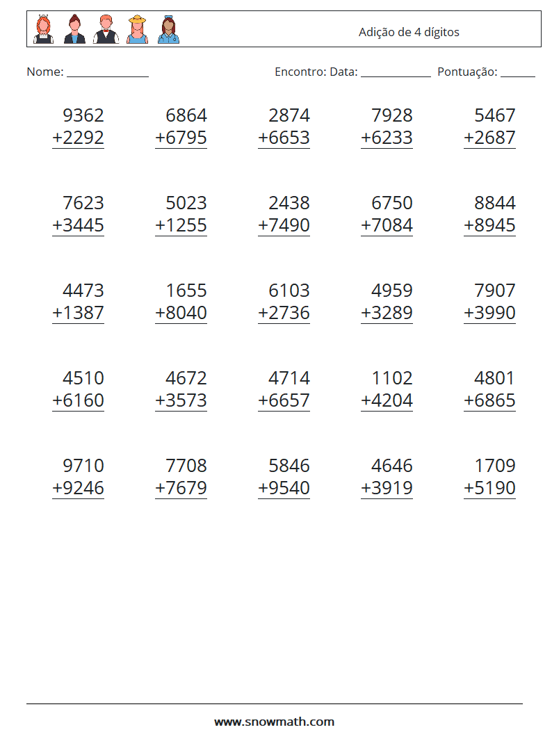 (25) Adição de 4 dígitos planilhas matemáticas 13