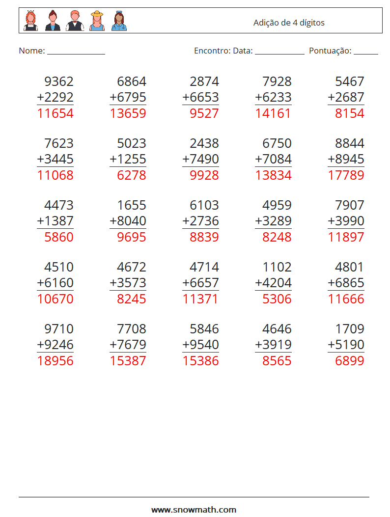 (25) Adição de 4 dígitos planilhas matemáticas 13 Pergunta, Resposta