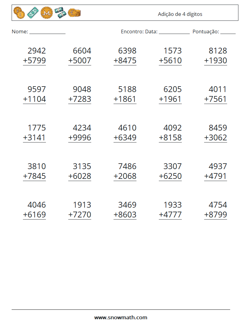 (25) Adição de 4 dígitos planilhas matemáticas 14