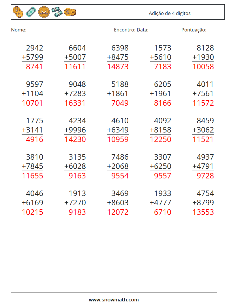 (25) Adição de 4 dígitos planilhas matemáticas 14 Pergunta, Resposta