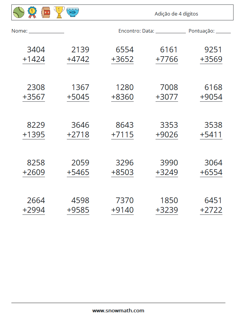 (25) Adição de 4 dígitos planilhas matemáticas 15