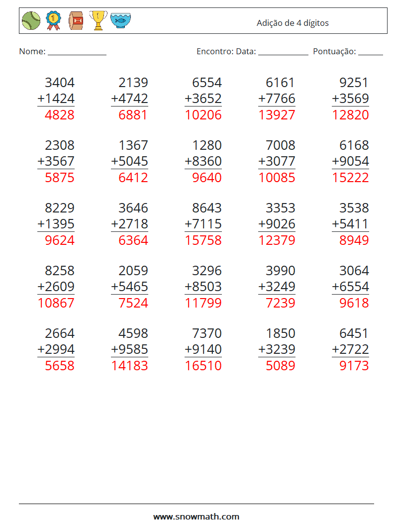 (25) Adição de 4 dígitos planilhas matemáticas 15 Pergunta, Resposta