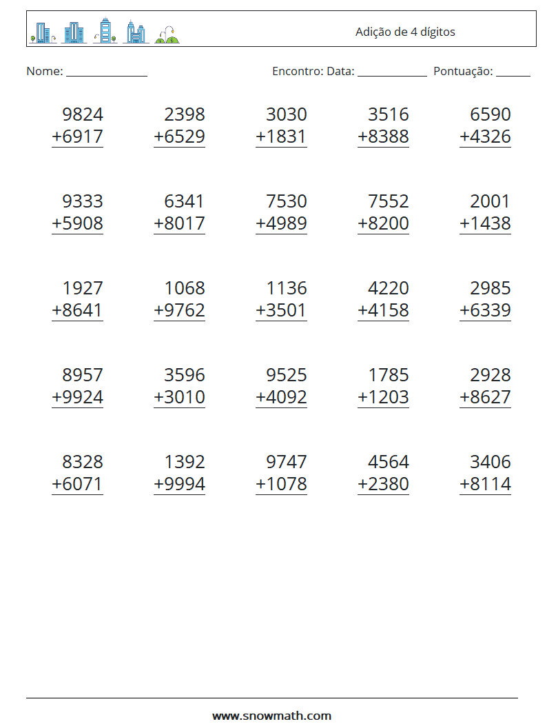 (25) Adição de 4 dígitos planilhas matemáticas 16