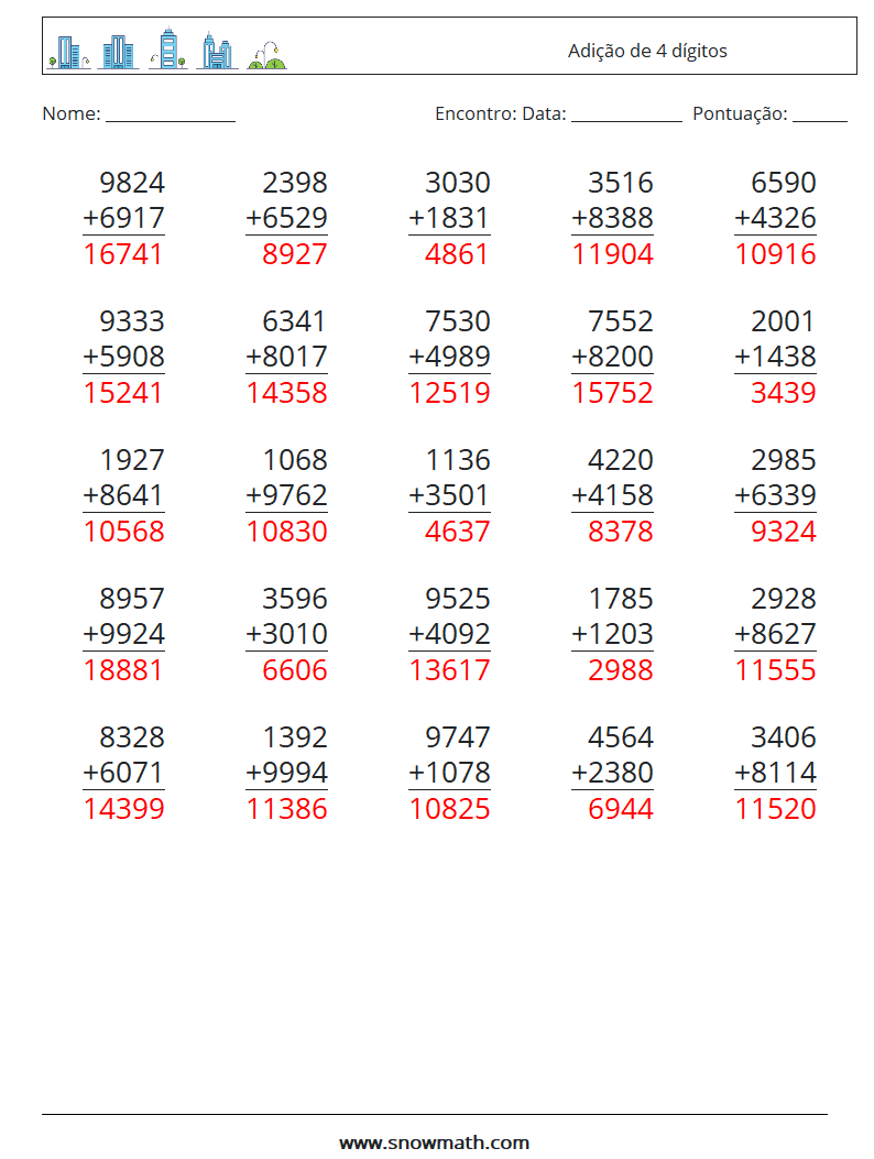 (25) Adição de 4 dígitos planilhas matemáticas 16 Pergunta, Resposta